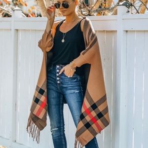 PLAID FRINGE KNIT PONCHO